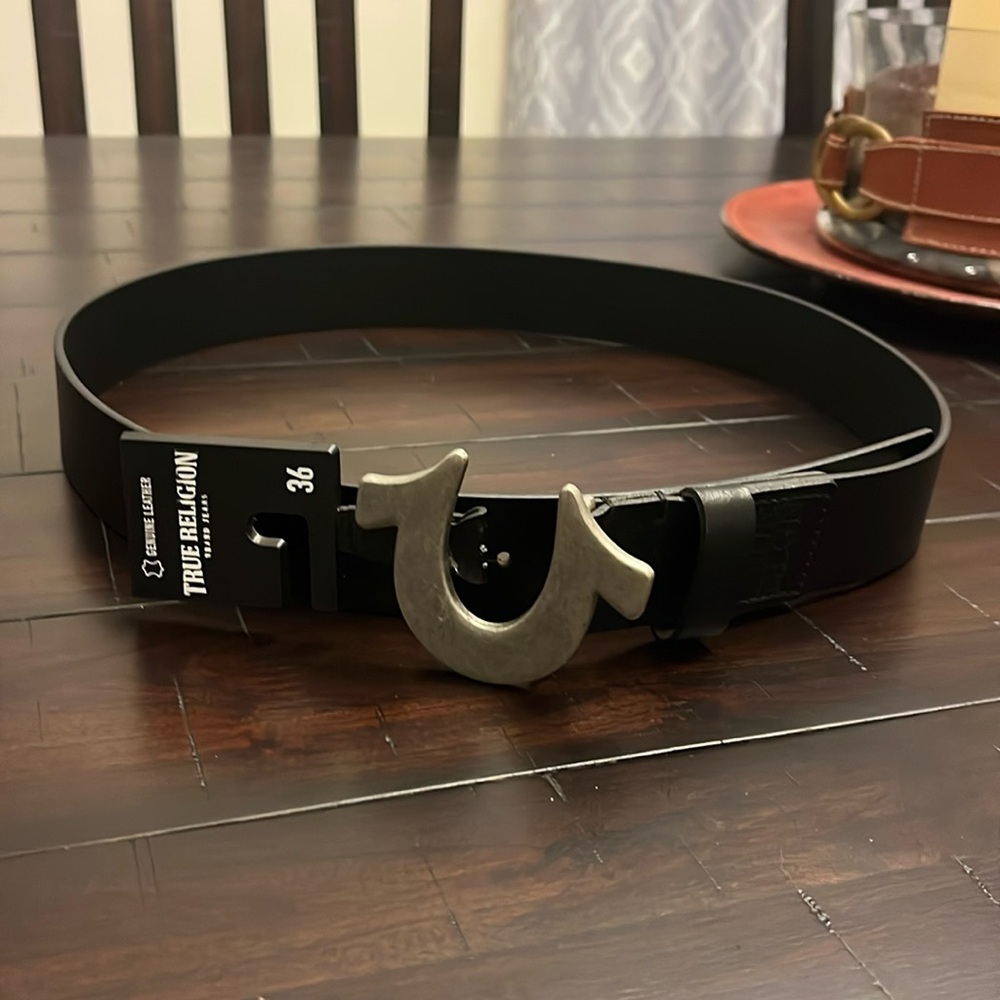 True Religion Sage Heavy Weight Horseshoe Buckle Belt 1” black leather Mens 36